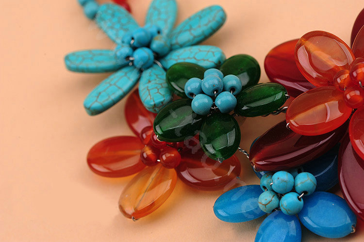 Luxury Exaggeration Women Choker Natural Stone Gem Flower Bib Necklace Jewelry - Red+Blue