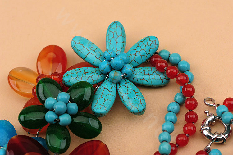Luxury Exaggeration Women Choker Natural Stone Gem Flower Bib Necklace Jewelry - Red+Blue
