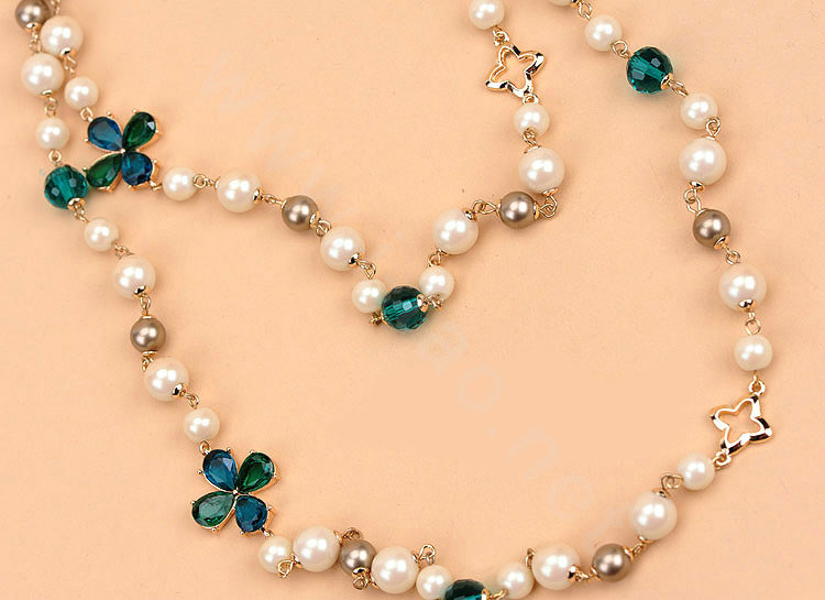 Luxury Fashion Women Choker Sweater chain Natural Pearl Gem Flower Necklace Jewelry - Green