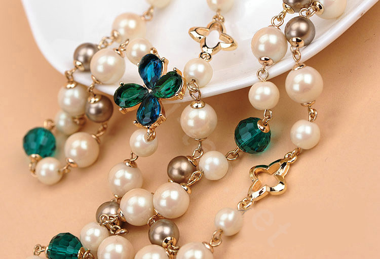 Luxury Fashion Women Choker Sweater chain Natural Pearl Gem Flower Necklace Jewelry - Green