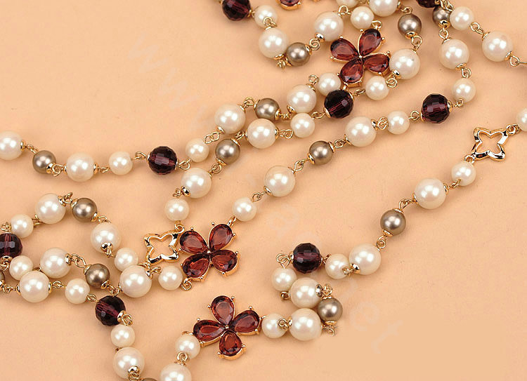 Luxury Fashion Women Choker Sweater chain Natural Pearl Gem Flower Necklace Jewelry - Red