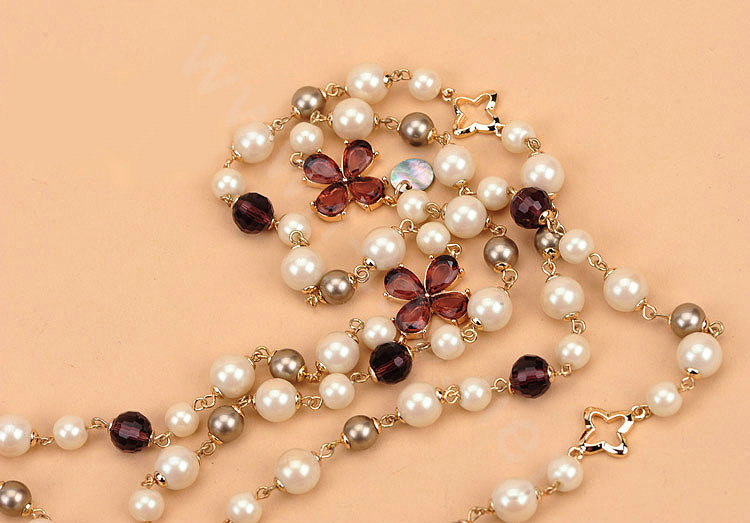 Luxury Fashion Women Choker Sweater chain Natural Pearl Gem Flower Necklace Jewelry - Red