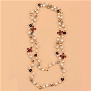 Luxury Fashion Women Choker Sweater chain Natural Pearl Gem Flower Necklace Jewelry - Red