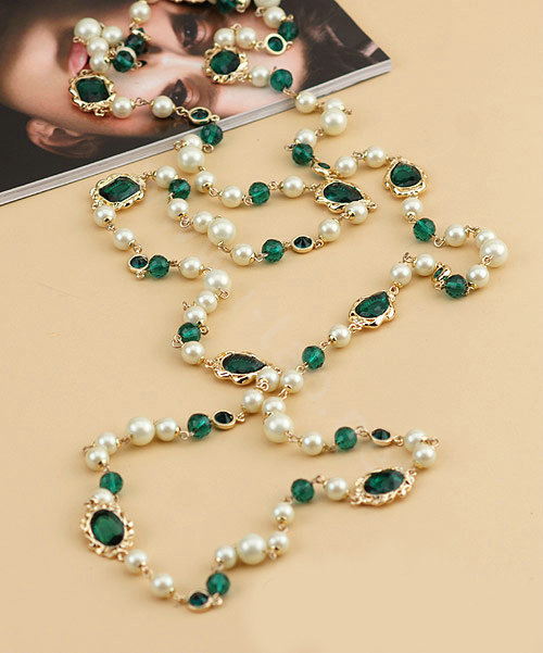 Luxury Fashion Women Choker Sweater chain Natural Pearl Gem Necklace Jewelry - Green