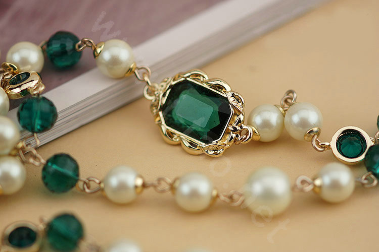 Luxury Fashion Women Choker Sweater chain Natural Pearl Gem Necklace Jewelry - Green