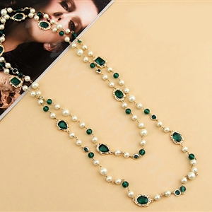 Luxury Fashion Women Choker Sweater chain Natural Pearl Gem Necklace Jewelry - Green