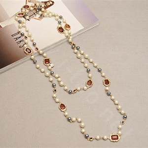 Luxury Fashion Women Choker Sweater chain Natural Pearl Gem Necklace Jewelry - Red