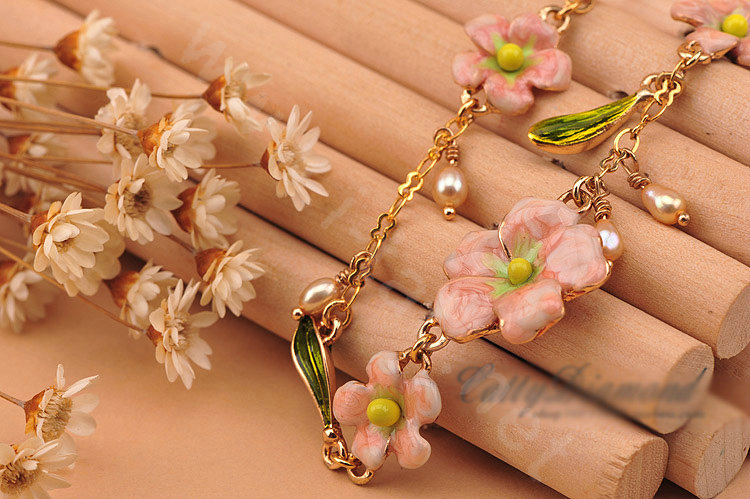 Luxury Fashion Women Romantic Flower Natural Pearl Bracelet Jewelry - Pink