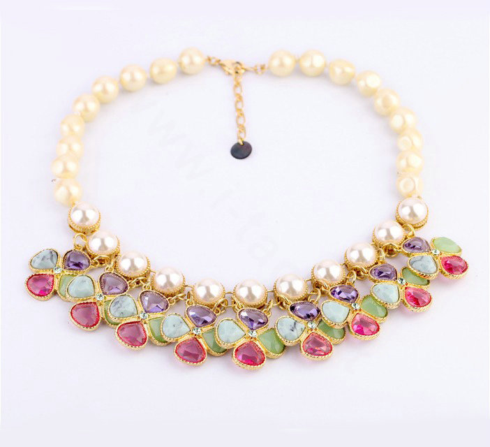 Luxury Multicolor Crystal Pearl Gemstone Flower Pendant Choker Bib Statement Necklace Women Jewelry
