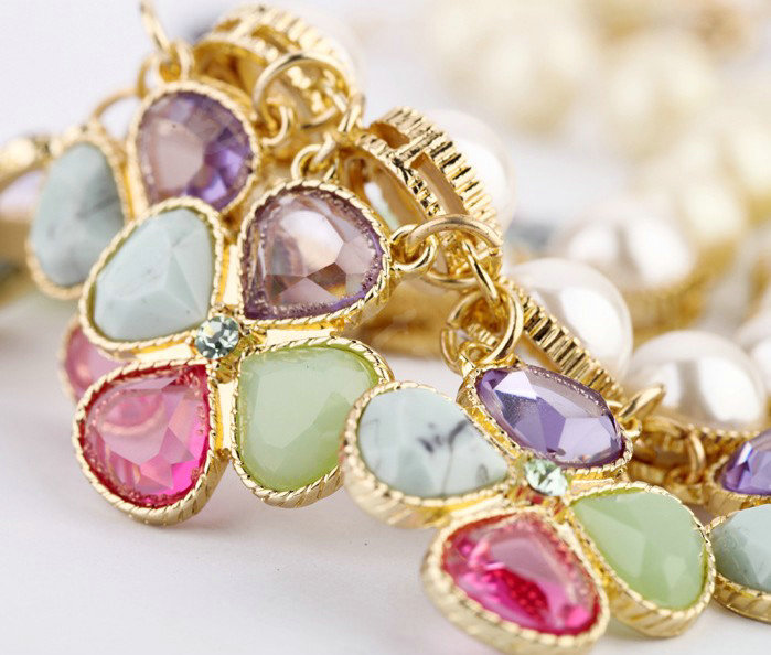 Luxury Multicolor Crystal Pearl Gemstone Flower Pendant Choker Bib Statement Necklace Women Jewelry