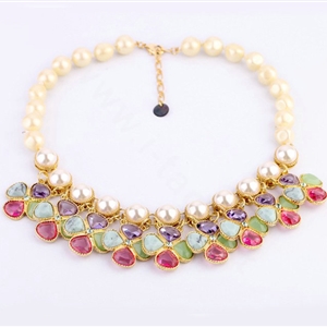 Luxury Multicolor Crystal Pearl Gemstone Flower Pendant Choker Bib Statement Necklace Women Jewelry