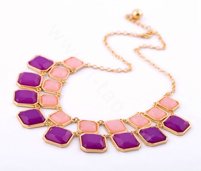 Luxury Multilayer geometry Gemstone Pendant Choker Bib Statement Necklace Women Jewelry - Purple