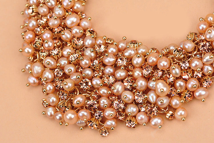 Luxury Women Choker Natural Pearl Crystal Bib Necklace Bride Wedding Jewelry - Pink