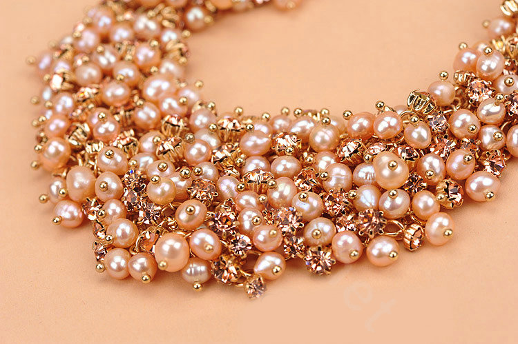 Luxury Women Choker Natural Pearl Crystal Bib Necklace Bride Wedding Jewelry - Pink