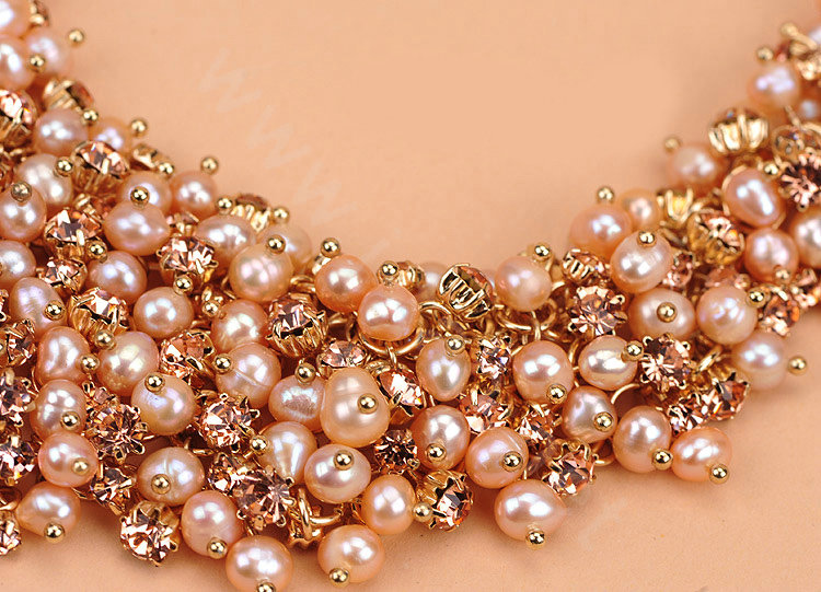 Luxury Women Choker Natural Pearl Crystal Bib Necklace Bride Wedding Jewelry - Pink