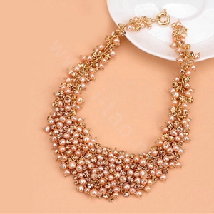 Luxury Women Choker Natural Pearl Crystal Bib Necklace Bride Wedding Jewelry - Pink
