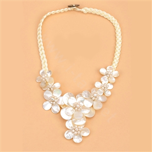 Luxury Women Exaggeration Choker Handwoven Natural Shell Pearl Flower Bib Necklace Jewelry - White