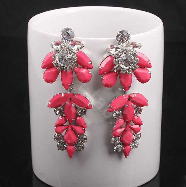 Luxury women diamond crystal gem flower dangler earrings jewelry 14k GP - Rose