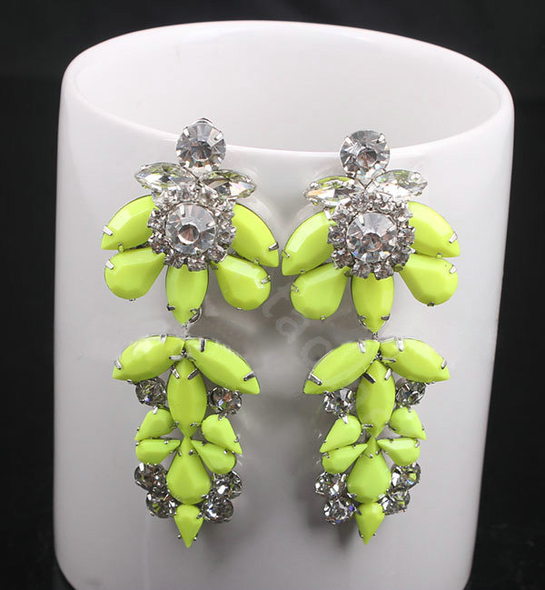 Luxury women diamond crystal gem flower dangler earrings jewelry 14k GP - Yellow