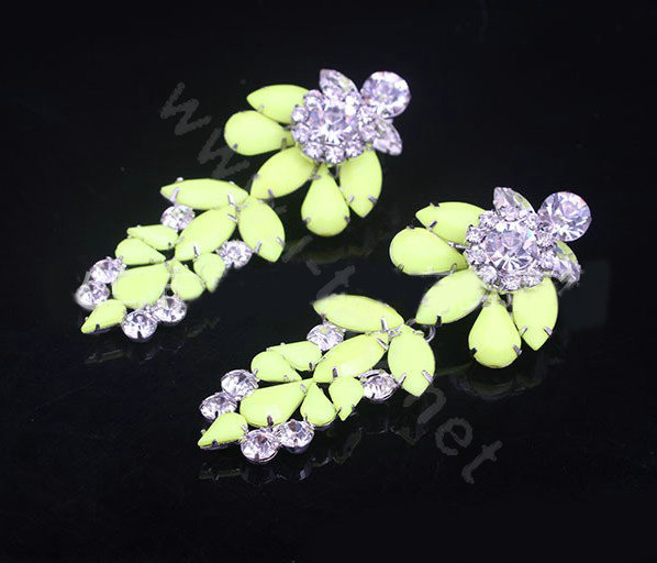 Luxury women diamond crystal gem flower dangler earrings jewelry 14k GP - Yellow
