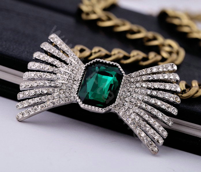 Retro Alloy Bowknot Green Crystal Pendant Choker Bib Statement Necklace Women Jewelry