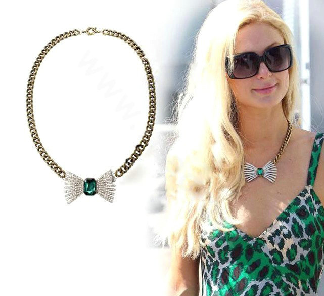 Retro Alloy Bowknot Green Crystal Pendant Choker Bib Statement Necklace Women Jewelry