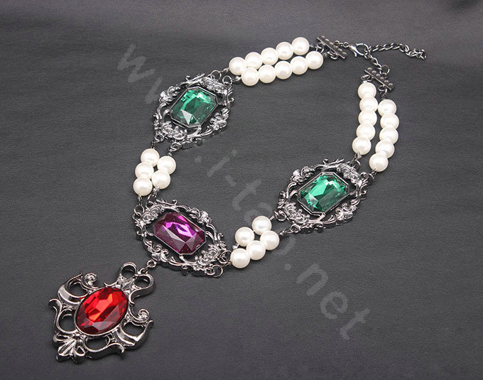 Retro Exaggeration Women Choker Baroque Pearl Crystal Gem GP Bib Pendant Necklace Jewelry