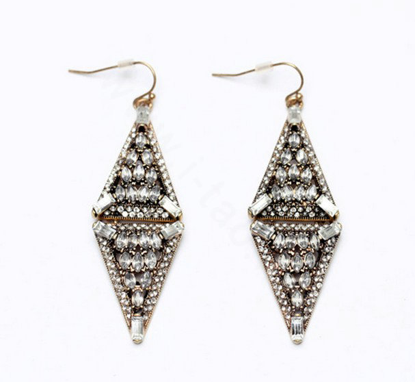 Retro White Crystal Rhombic Dangle Earrings Gold Plated Women Fashion Jewelry