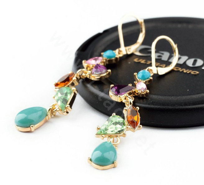 Sweet Crystal Blue Gemstone Dangle Earrings Gold Plated Women Fashion Jewelry