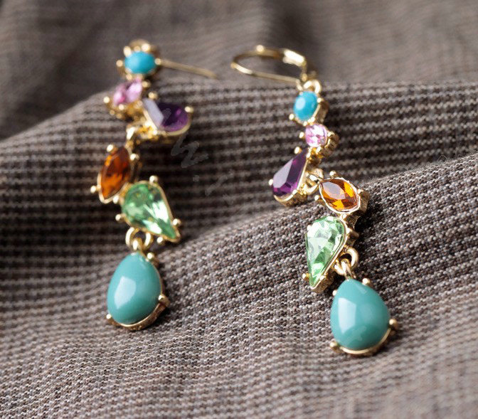Sweet Crystal Blue Gemstone Dangle Earrings Gold Plated Women Fashion Jewelry