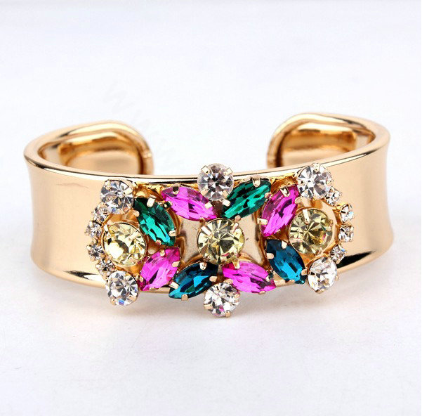 Women Retro Exaggeration Colored Gem Rhinestone Alloy GP Bracelet Jewelry - Gold