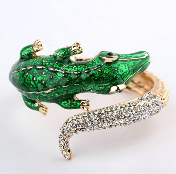 Women Retro Exaggeration Crystal Crocodile Alloy GP Bracelet Jewelry - Green