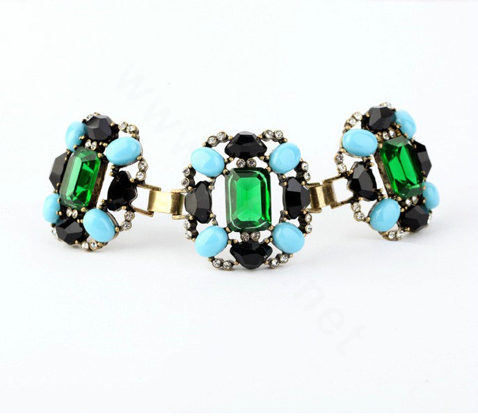 Women Retro Exaggeration Crystal Gem Alloy GP Bracelet Jewelry - Green