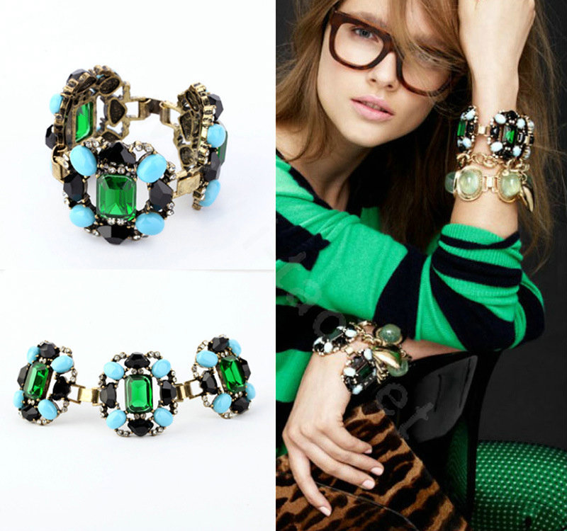 Women Retro Exaggeration Crystal Gem Alloy GP Bracelet Jewelry - Green