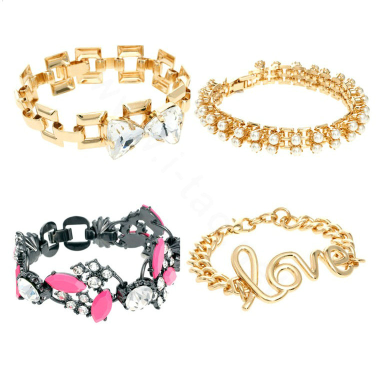 Women Retro Exaggeration Multilayer Crystal Pearl Love Bracelet Jewelry - Gold