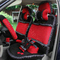 Ayrg Bowknot Dot Lace Universal Auto Car Seat Covers Plush Velvet Full Set 21pcs - Black red