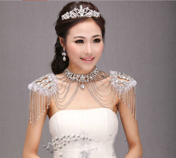 Best Luxury Lace Crystal Zircon Wedding Bridal Shoulder Chain Strap Shawl Necklace jewelry