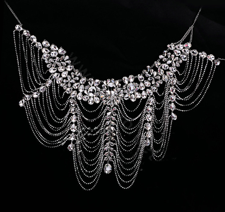 Classic Luxury Water Drop Crystal Wedding Bridal Shoulder Chain Strap Shawl Necklace jewelry
