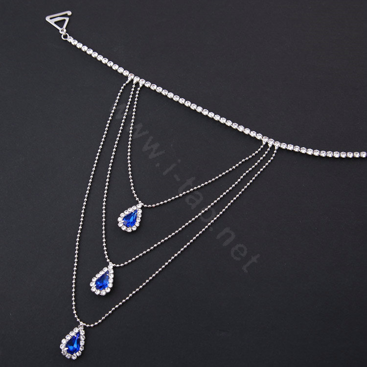 Elegant Multilayer Blue Raindrop Crystal Wedding Bridal Shoulder Chain Strap Shawl Necklace jewelry