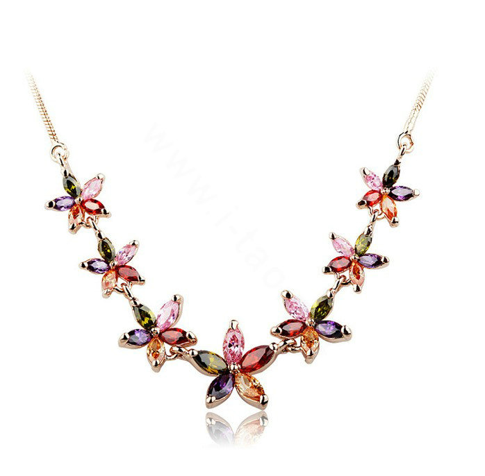 High Quality AAA Zircon Crystal Multicolor Flower 18K Rose Gold Plated Chain Necklace for Women