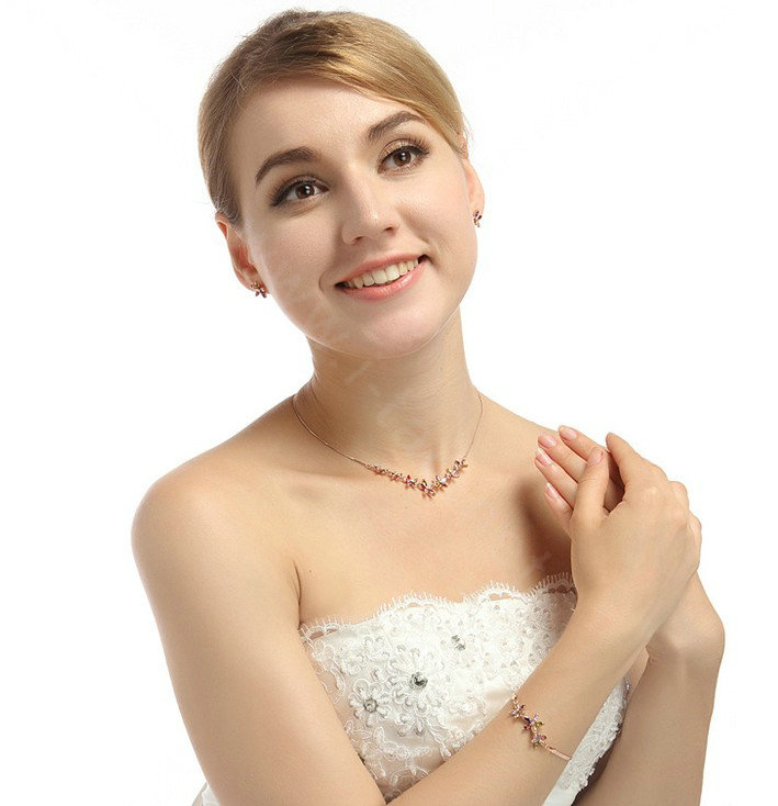 High Quality AAA Zircon Crystal Multicolor Flower 18K Rose Gold Plated Chain Necklace for Women