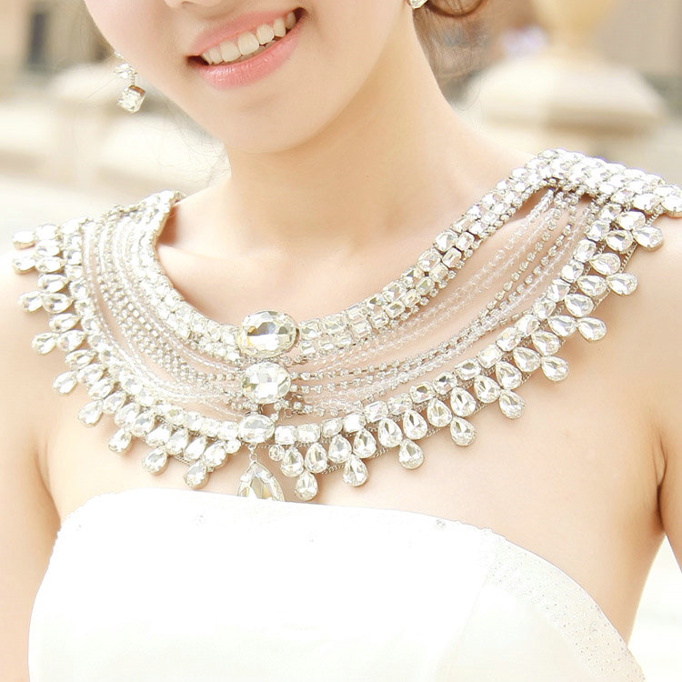 High Quality Vintage Luxury Crystal Woman Wedding Bridal Shoulder Chain Shawl Necklace jewelry
