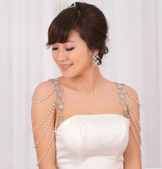 Hot Sell Flower Pearl Crystal Wedding Bridal Shoulder Chain Strap Necklace jewelry