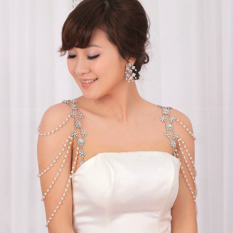 Hot Sell Flower Pearl Crystal Wedding Bridal Shoulder Chain Strap Necklace jewelry