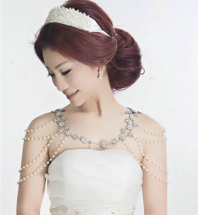 Hot Sell Flower Pearl Crystal Wedding Bridal Shoulder Chain Strap Shawl Necklace jewelry