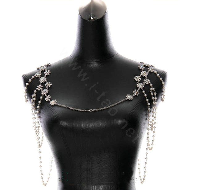 Hot Sell Flower Pearl Crystal Wedding Bridal Shoulder Chain Strap Shawl Necklace jewelry