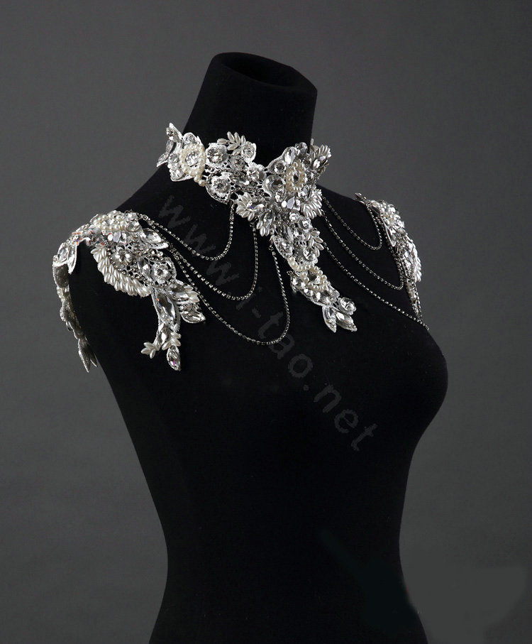Luxury Crystal Lace Flower Pearl Wedding Bridal Shoulder Chain Strap Shawl Necklace jewelry