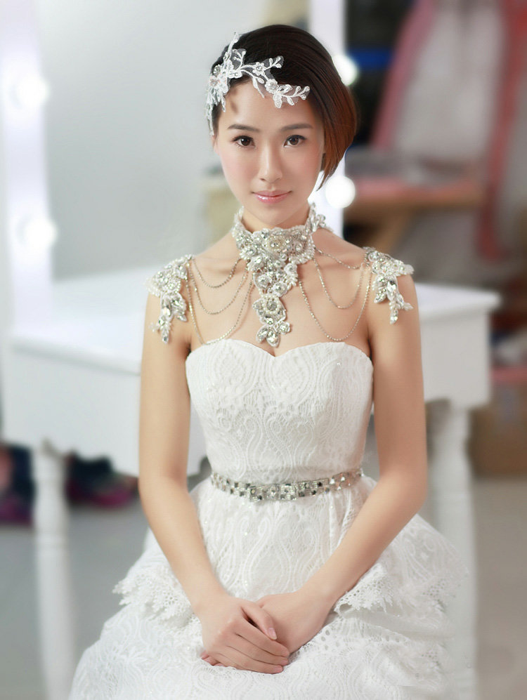 Luxury Crystal Lace Flower Pearl Wedding Bridal Shoulder Chain Strap Shawl Necklace jewelry