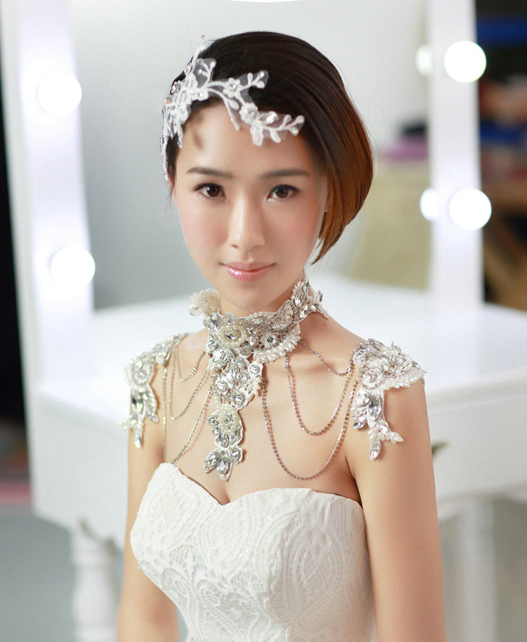 Luxury Crystal Lace Flower Pearl Wedding Bridal Shoulder Chain Strap Shawl Necklace jewelry