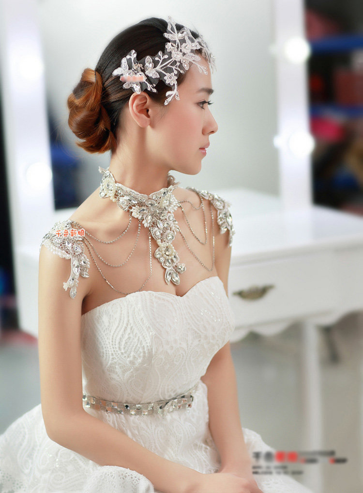 Luxury Crystal Lace Flower Pearl Wedding Bridal Shoulder Chain Strap Shawl Necklace jewelry